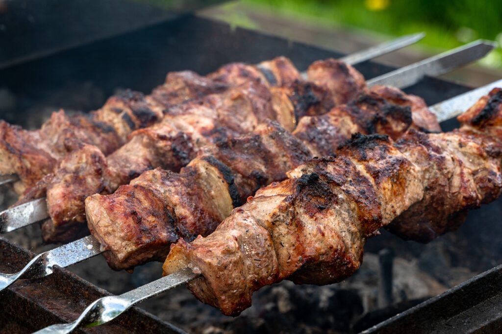 shish kebab, meat, brazier, nature, skewers, nutrition, frying, coals, picnic, grill, meat skewers, grilled meat, bbq season, delicious, food, summer